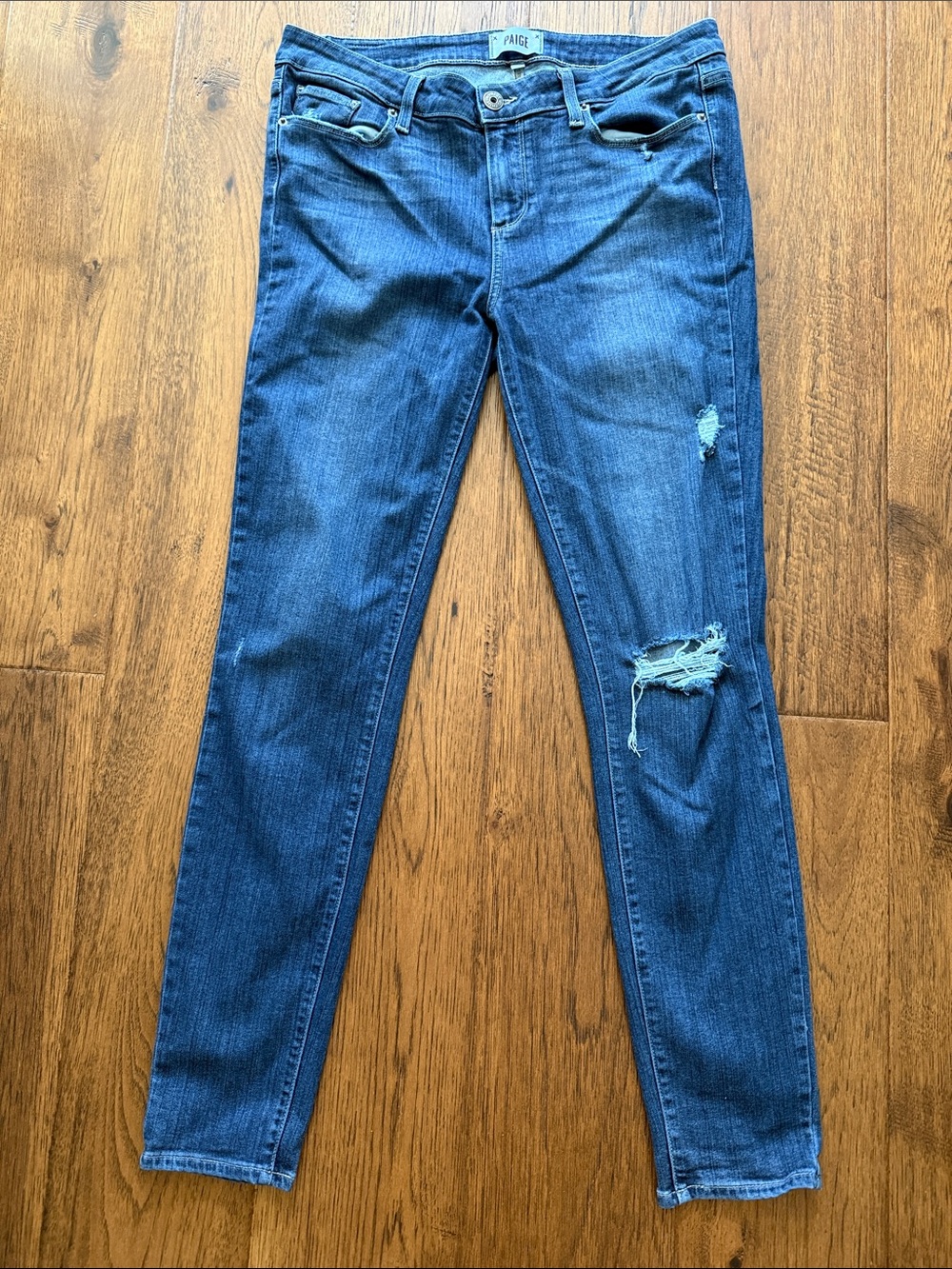 PAIGE Skinny Jeans in Medium Blue with Knee Distress